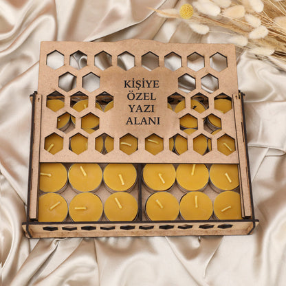 %100 Doğal Balmumu Tealight Mum - Kişiselleştirilebilir Ahşap Kutuda (24 Adet)