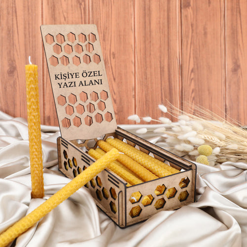 Doğal Balmumu Mum Seti –20 Li 21CM X 1 CM  Kişiye Özel Ahşap Kutulu - %100 Doğal