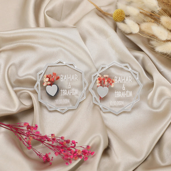 10’lu Kişiye Özel Akrilik Magnet Nikah Şekeri - Gümüş Detaylı Çiçekli Tasarım